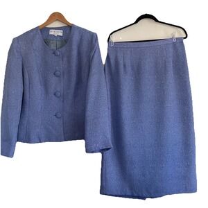 Lily & Taylor 2 Piece Skirt Suit Jacket Periwinkle Blue Jacquard Round Neck 14